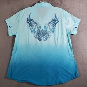 Harley Davidson Shirt Womens L Blue Ombre Wings Button Down Short Sleeve Biker
